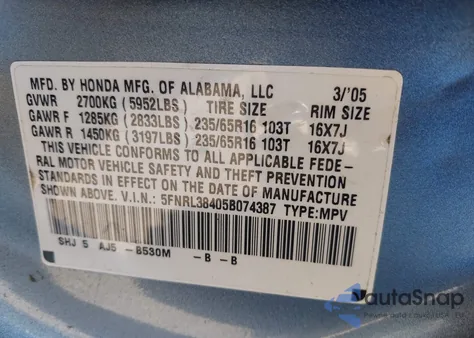 2005 Honda Odyssey Ex from USA, damaged, VIN 5FNRL38405B074387